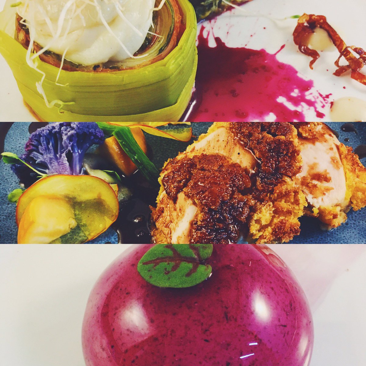 MaisonPLB's tweet photo. [Du 17 au 21 décembre 2018]

Makis de poireaux et chorizo spicchantina / Filet de poulet croustillant, caramel de soja, jardin de légumes d’hiver / Dôme Cassis
 
Bon appétit ! 😋👨‍🍳 https://t.co/OSHf3MLgIw