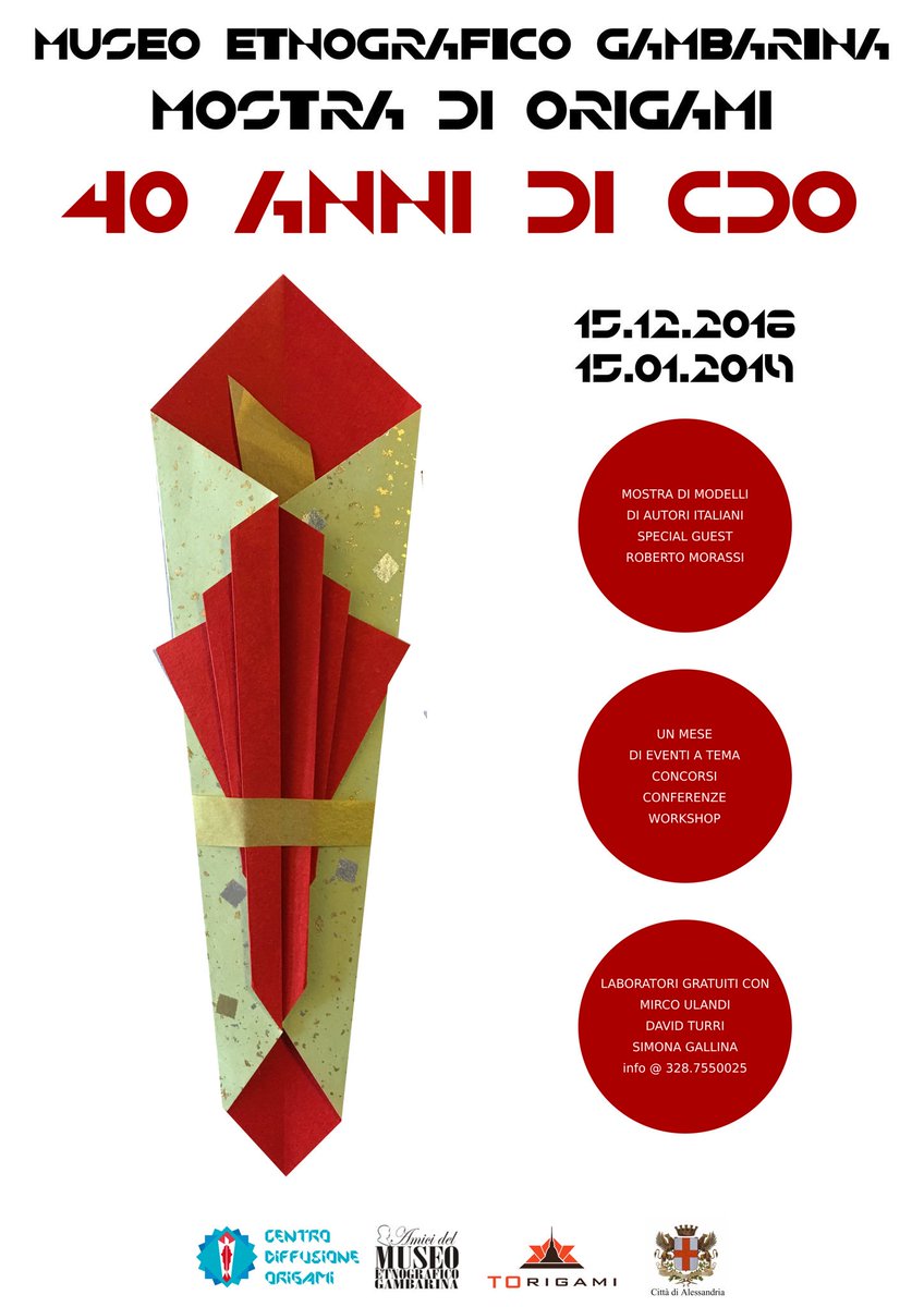 twitTOrigami's tweet photo. Al Museo Gambarina di Alessandria è aperta sino al 15 gennaio 2019 la mostra dedicata ai 40 anni del @OrigamiCDO con tanti modelli storici provenienti dai depositi e disponibili per tutti i soci! Non mancate! #origami #origamiCDO #origamialessandria #torigami #origamitorino https://t.co/SUPMqehunT