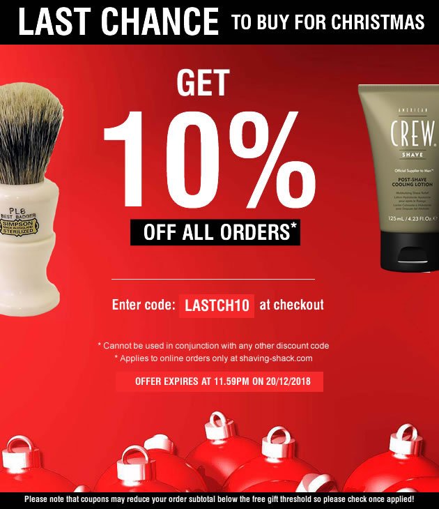 Last chance to buy for Christmas. Get 10% off all orders online until 11.59pm on 20/12/2018. Shop now at shaving-shack.com #shaving #wetshaving