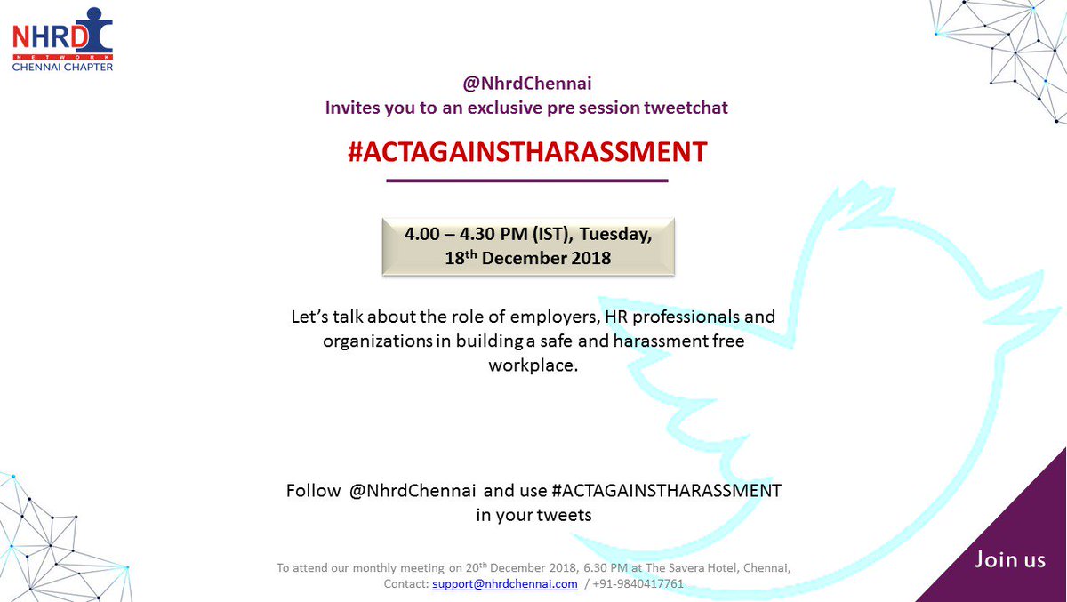 NhrdChennai's tweet photo. Join the conversation on #ACTAGAINSTHARASSMENT with our panel and share your thoughts and experiences on the role of #organizations #employers and #HR professionals in building a safer workplace for all https://t.co/TnDyESUSJI