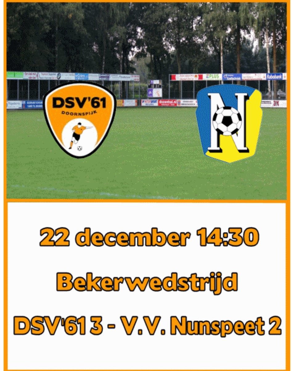 dsv61's tweet photo. Zaterdag 22 december speelt @DSV61_3 een bekerwedstrijd tegen V.V. Nunspeet 2 op sportpark De Haere. Aanvang 14:30. Komt u ook het 3e aanmoedigen? https://t.co/y4xPHvnTIt