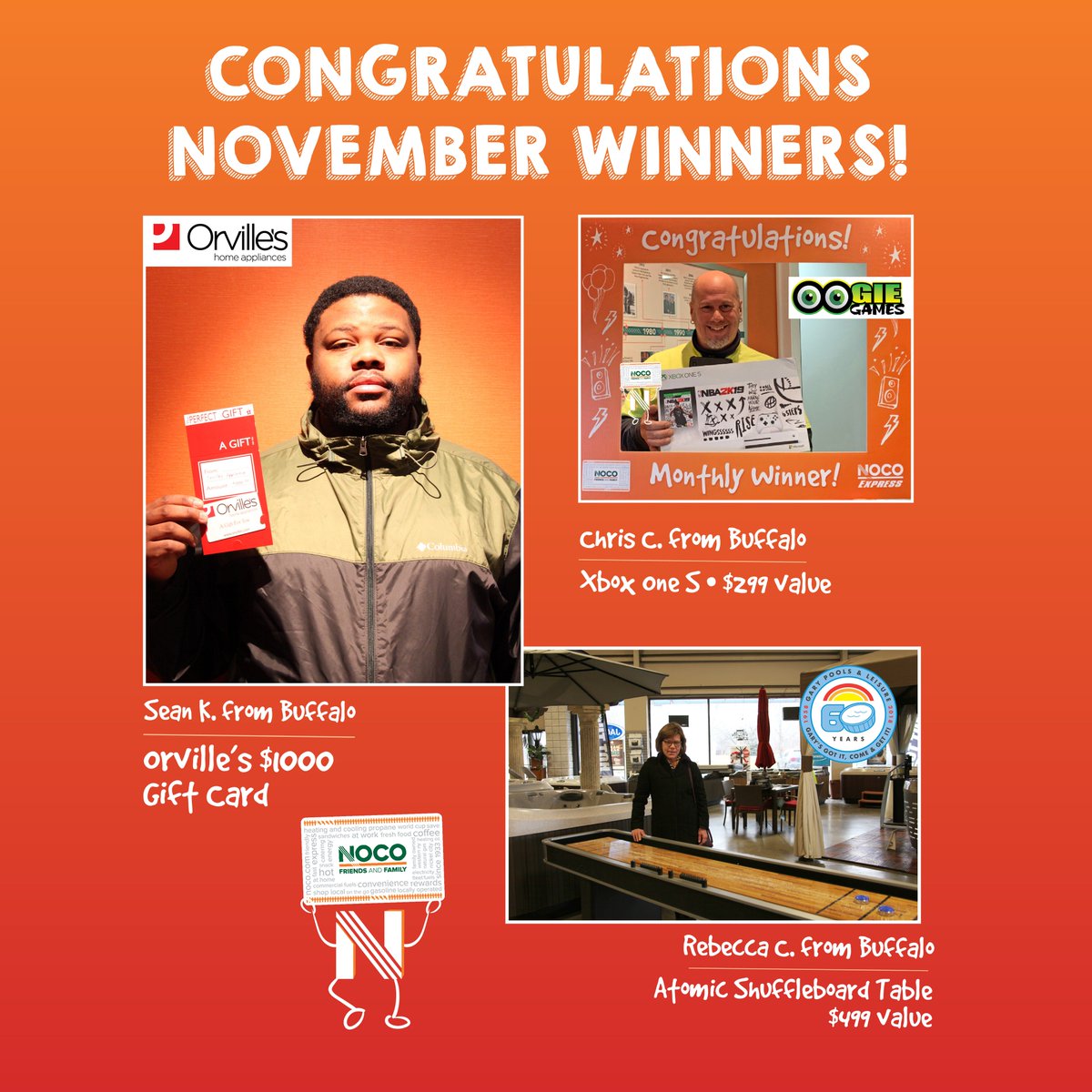 nocotweets's tweet photo. Congratulations to some of our November Friends and Family winners! Every purchase at #NOCOExpress earns Friends and Family members entries into the monthly sweepstakes to win great prizes from local businesses like @OrvillesHome, @OogieGames and @GaryPools. https://t.co/9GErBvQb9L