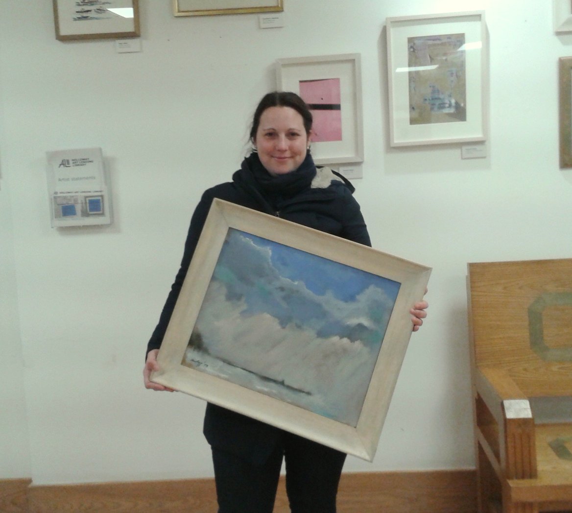 ArtLending's tweet photo. Thanks to all our artists and members for a great lending session Saturday. Here members are borrowing 'Misty Morning Blackbird' by Carol Hambleton, 'Mischief' by Yoko Iwaya and 'Two Kinds of Weather, Brighton' by Andy Parker. Looking forward to more lending in March! https://t.co/g7ONQllaey