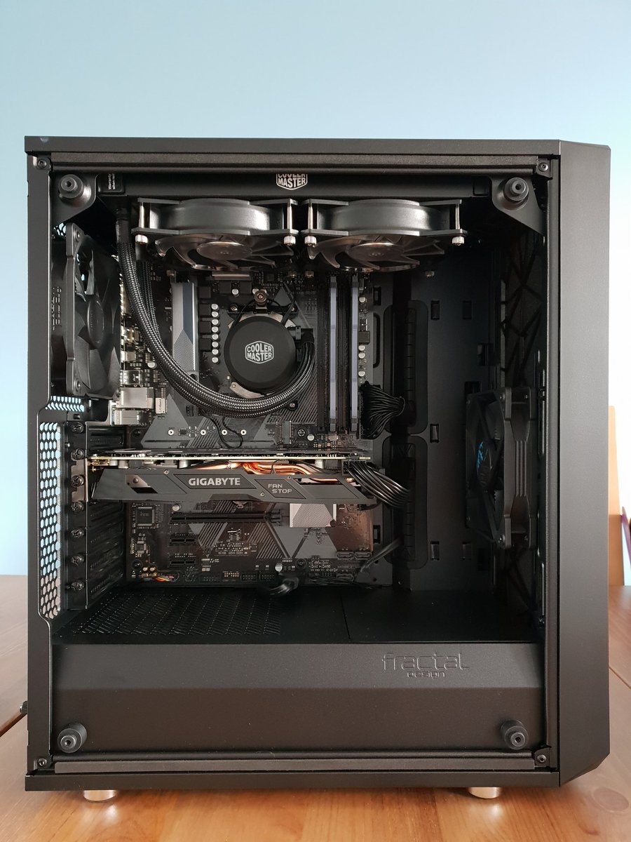bitbuildpc's tweet photo. Here's yesterday's completed build! 

@AMD_UK Ryzen 2600X
@ASUS B450-Plus Mobo
@CORSAIR 16GB Vengeance Pro RGB 3000Mhz RAM
@GigabyteUK RX580
@FractalDesignNA @FractalJosh Meshify C
@CoolerMasterUK MasterLiquid ML240L RGB
@Samsung 860 Evo 500GB SSD 
@CORSAIR CX550M PSU https://t.co/6LXAjQqPvU