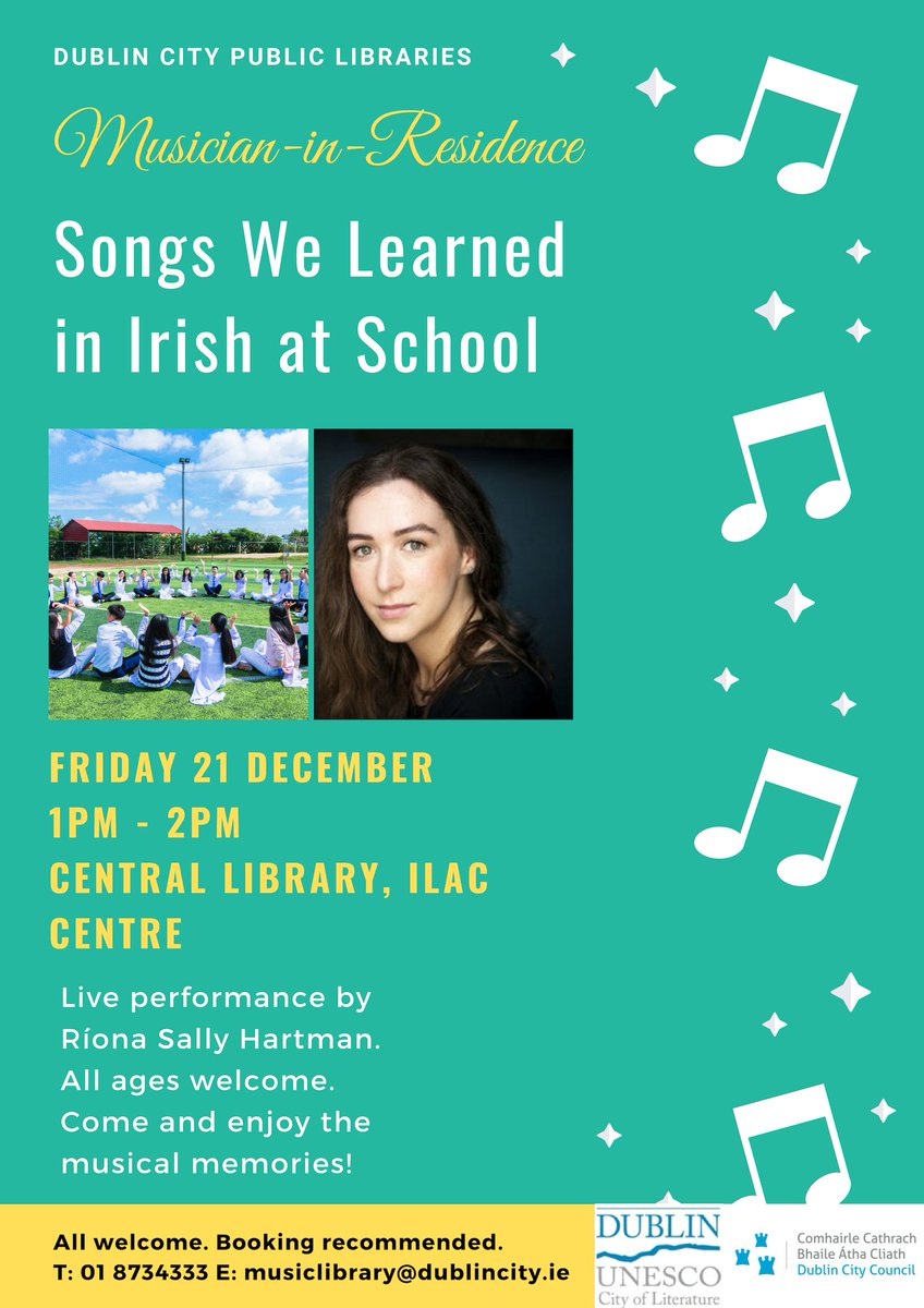 OLCDublin's tweet photo. Informal pop-up sing along choir With Musician in Residence @RionaSally  - "Songs we Learned in Irish at School" Dec 21st, Central Library, 1-2pm. All ages welcome. Booking recommended 🎶🎶 https://t.co/81pHqU5nux