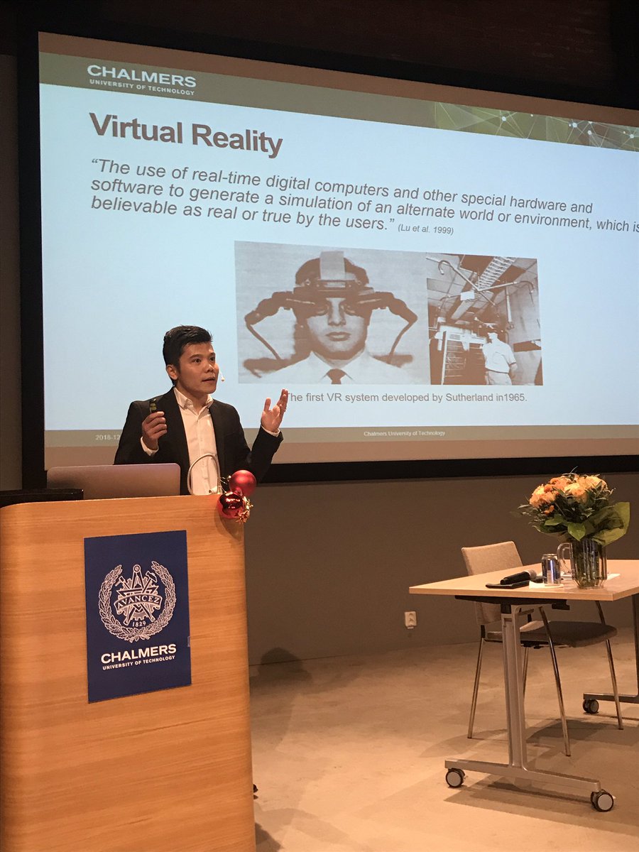 Stahre's tweet photo. Liang Gong, doing an excellent licentiate-presentation of how Virtual Reality and point-cloud scanning can be used to plan the factories of the future. #VR #pointcloud #factoryplanning @Production_AoA @chalmersuniv #manufacturing @DigIndEU https://t.co/1kWF4SASqI