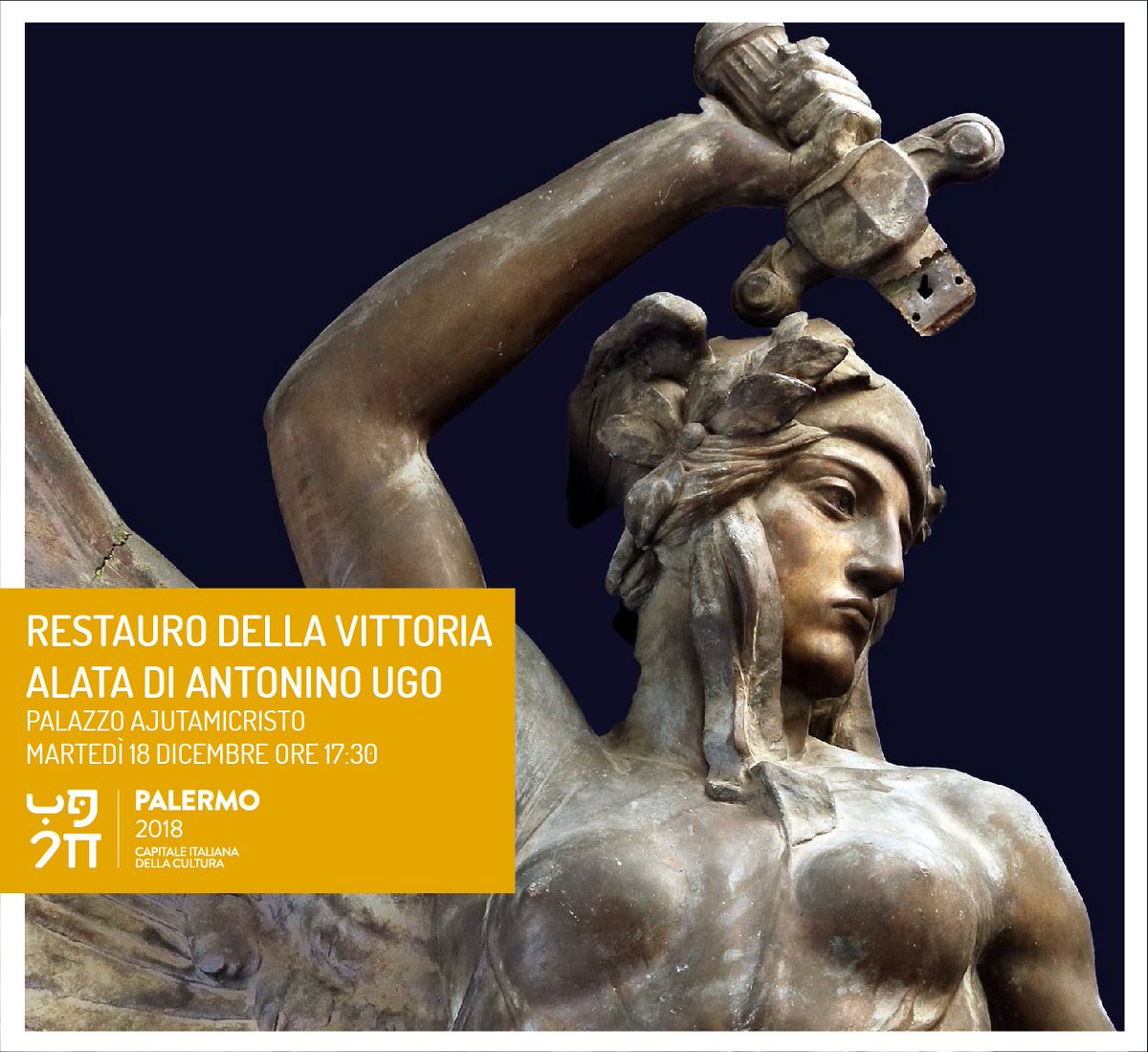 Dopo aver attraversato una vicenda turbolenta, sarà finalmente  presentato il #progetto di #restauro della Vittoria Alata, #opera di  grande #prestigio realizzata nel 1922 da Antonio Ugo, domani 18 dicembre alle ore 17:30, nel loggiato di Palazzo Ajutamicristo.