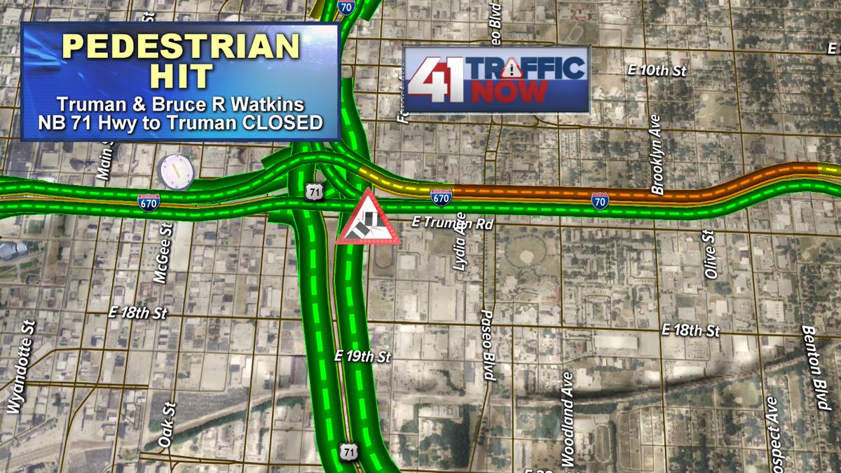 41TrafficNow's tweet photo. ALERT: Pedestrian hit near Truman and Bruce Watkins Rd. Intersection is shut down. NB 71 Hwy to Truman is CLOSED. No word on how serious the injuries are at this time. 

#KCMO #KCTraffic https://t.co/7kdmNaQ4jC