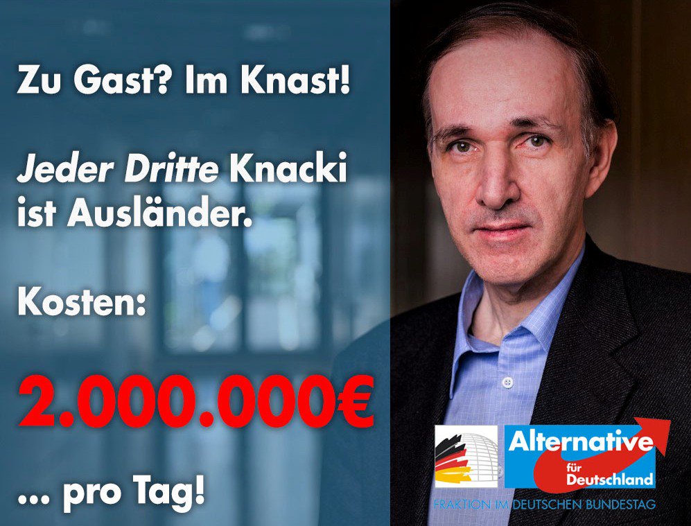 GottfriedCurio's tweet photo. Migration sorgt für Wohlstand? V.a. doch für volle Gefängnisse: Jeder Dritte Strafgefangene hierzulande ist Ausländer. Linke würden jetzt wohl schlußfolgern: Wer einen deutschen Paß hat, ist seltener kriminell; also allen einen Paß ausstellen, um die Kriminalität zu bekämpfen! https://t.co/JJX08pEvvl