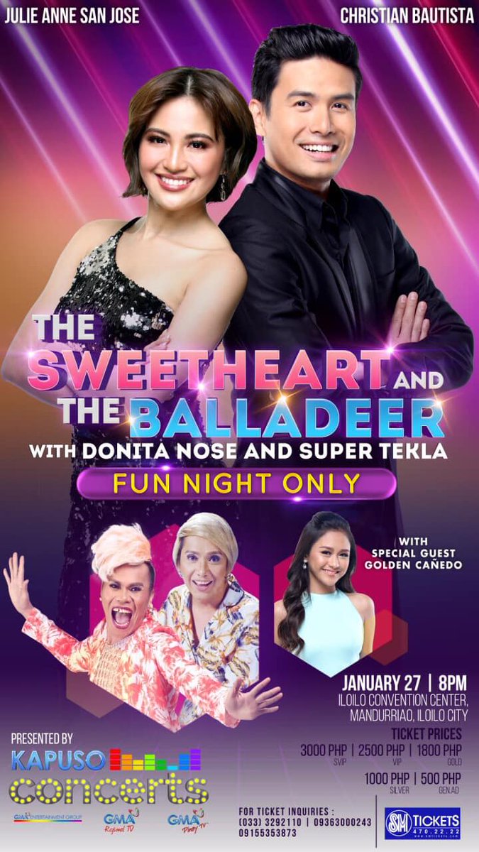 TeamJulieAnneSJ's tweet photo. “The Sweetheart and the Balladeer”

Jan 27, 8pm
Iloilo Convention Center, Mandurriao, Iloilo City

For inquiries, please call GMA Iloilo at (033) 329-2110 or 0936-3000243 / 0915-5353873. Tickets are also available online via SM Tickets (https://t.co/YdI0M49oSg) https://t.co/tBtKyQqgnY