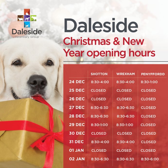 DalesideVets's tweet photo. Here are our opening hours for the festive period. In the event of an emergency during the days we are closed please call the usual practice number and you will be connected to our out of hours provider, VetsNow https://t.co/syT73WJ5jv