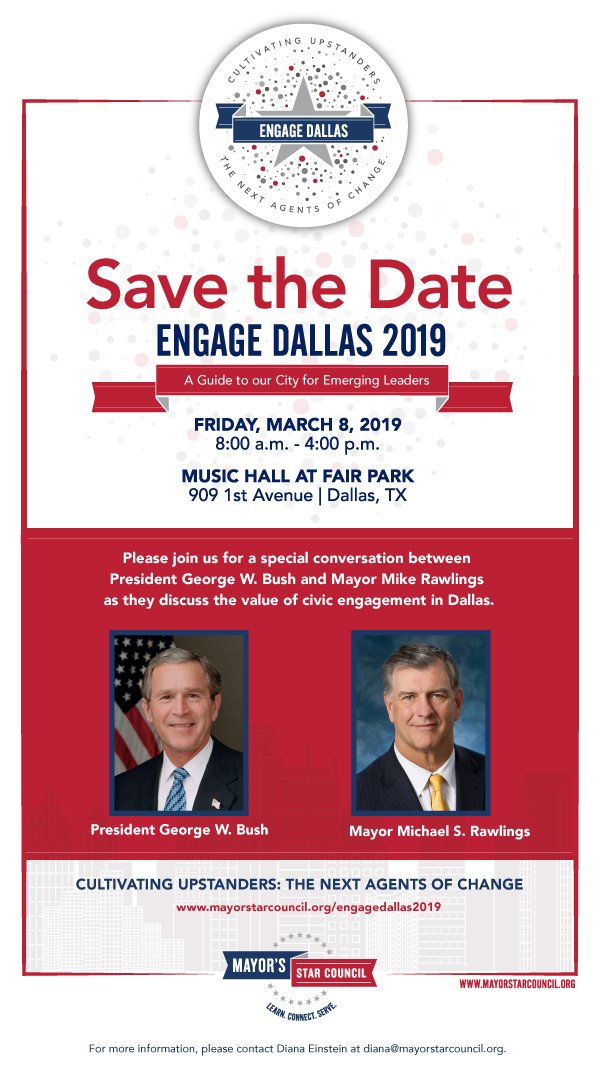 treybowles's tweet photo. We are super excited for the 3rd Annual #EngageDallas conference. This year we are kicking the day off with President George W. Bush and @Mike_Rawlings. Don't miss out on the event. Tickets will available soon. https://t.co/VnjrmytEWJ