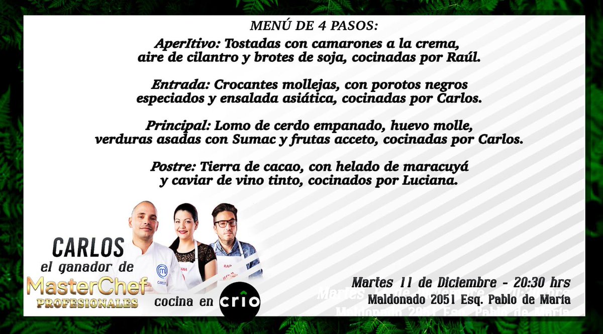 ¡El martes pasado estuve en Crîo donde Carlos Tellechea cocinó un exquisito menú de 4 pasos junto con <a href="/akamandrake/">Mandrake</a> y @twitluci! Van los detalles en la última foto 🍽🤤 #MasterChefUy