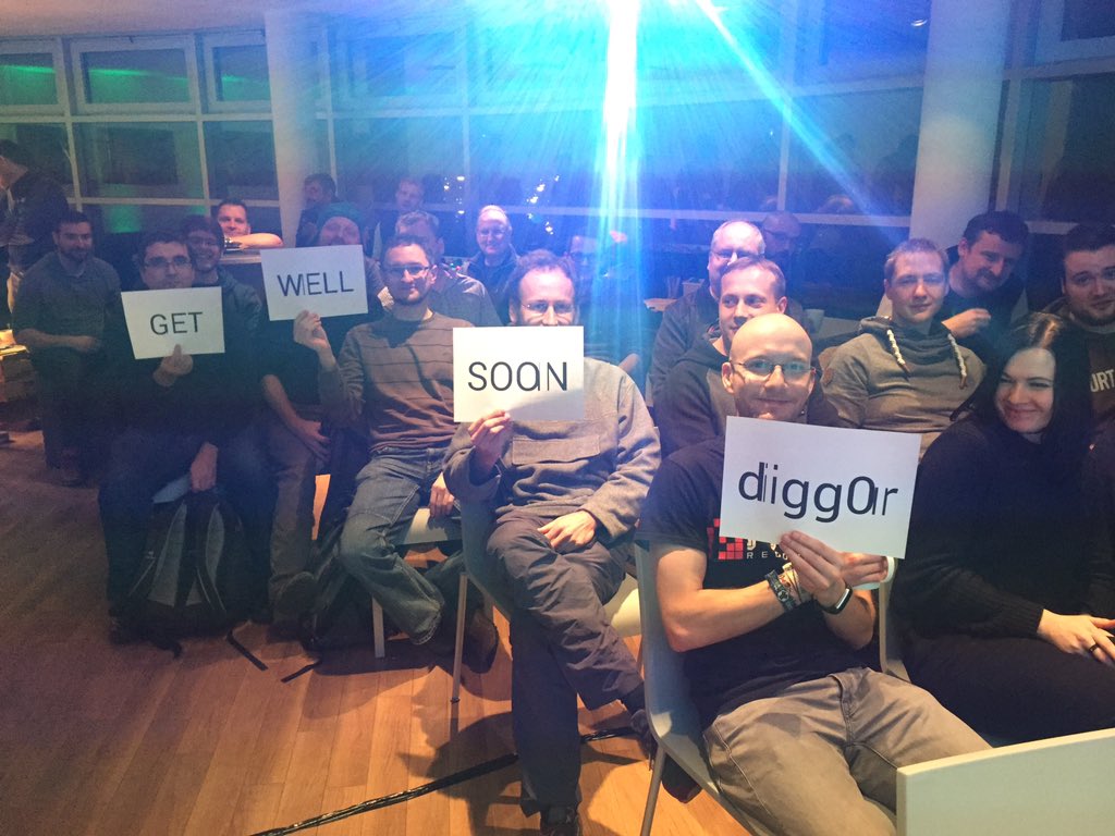 phpugdd's tweet photo. A special greeting from the community today to our (literally) sick org member and friend @digg0r! #PHPUGDD https://t.co/lCTQOJ6ocR