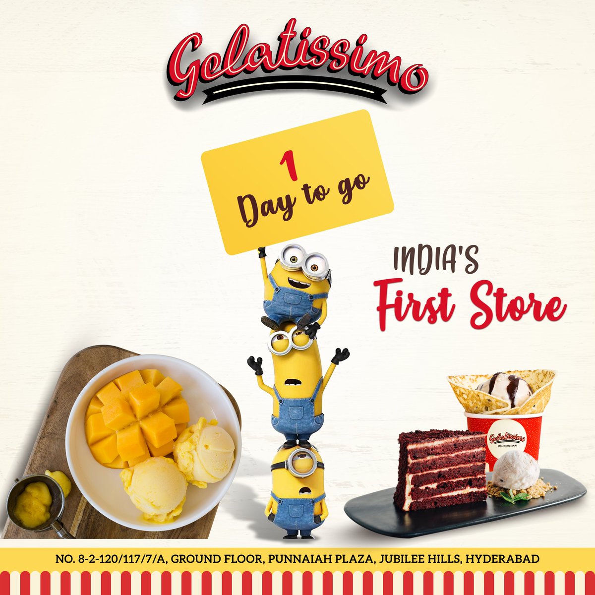 GelatissimoIn's tweet photo. And we have almost arrived.

Just one day for the Grand Opening.
Don't forget to drop in if you are in the city.
#gelatissimoindia #1daytogo #gelatissimoments https://t.co/WK14JbtIQF