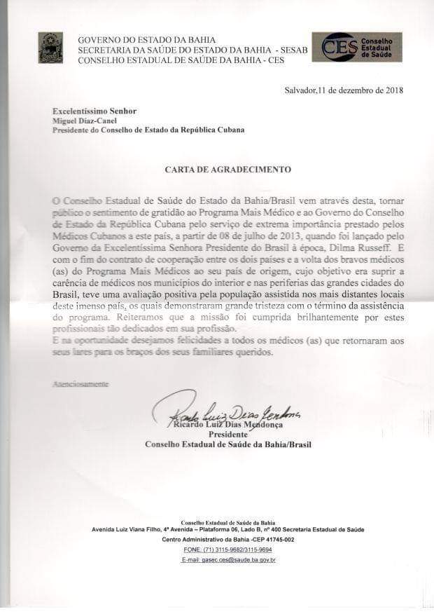@DiazCanelB La Secretaría de Salud, del Estado de Bahía, envió una carta de agradecimiento al Presidente de los Consejos de Estado y de Ministros de #Cuba @DiazCanelB por el servicio de extrema importancia prestado al pueblo brasileño por los médicos cubanos. #MásQueMédicos