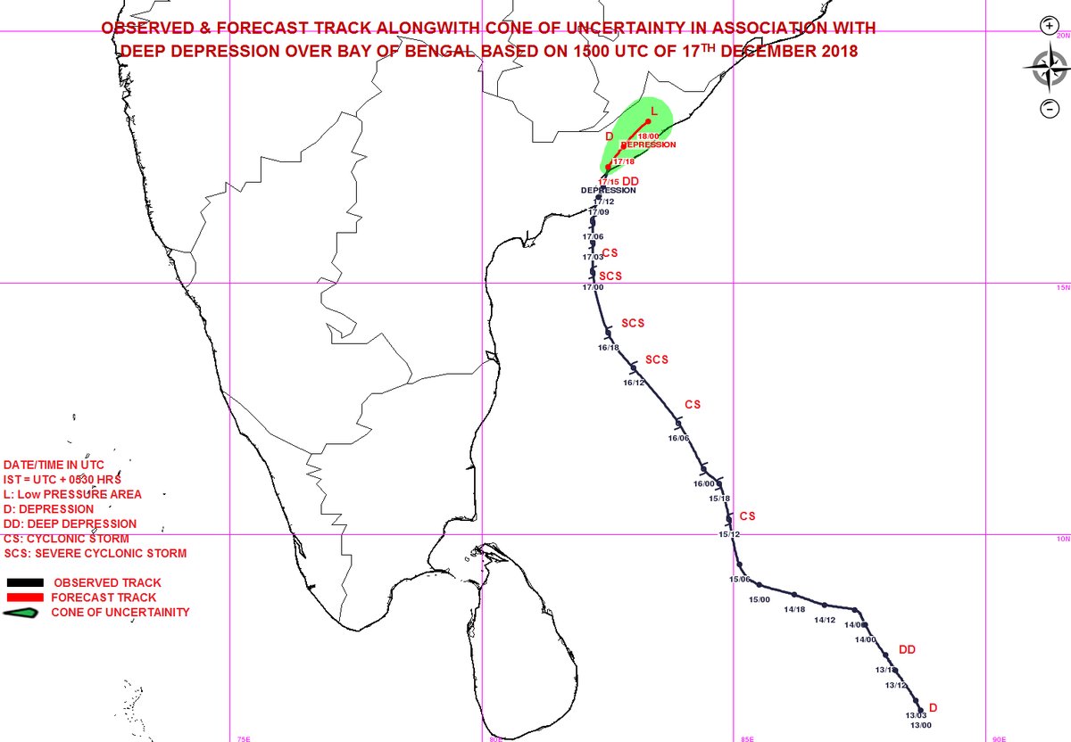 airnewsalerts's tweet photo. ALERT⚠️| Deep Depression over westcentral Bay of Bengal crossed Andhra Pradesh coast close to Tuni during 1930 to 2030 hrs IST 17-12-2018 and lay centred near lat 17.3°N and long 82.5°E, close to Tuni.  It is very likely to weaken further into a Depression during next 6-hrs. https://t.co/KAFV3piyGW