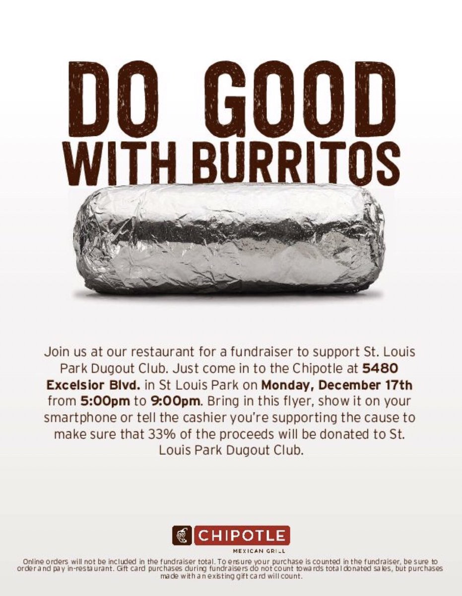 SLP_Baseball's tweet photo. Chipotle night is TONIGHT from 5-9 at the Excelsior Blvd location in SLP!  Be sure to tell the cashier you’re here for the fundraiser! https://t.co/IHbLaEEJ5W