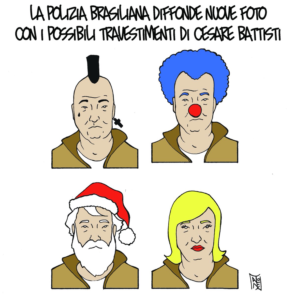Nastorix's tweet photo. #lunedìsatira: #CesareBattisti è latitante, la #polizia brasiliana diffonde foto con possibili travestimenti. #Alone coglie l'occasione per mostrare i costumi dimenticati dalle forze dell'ordine
#lunedì #satira #brasile #terrorismo #vignetta #natale https://t.co/koVE9gJgV7