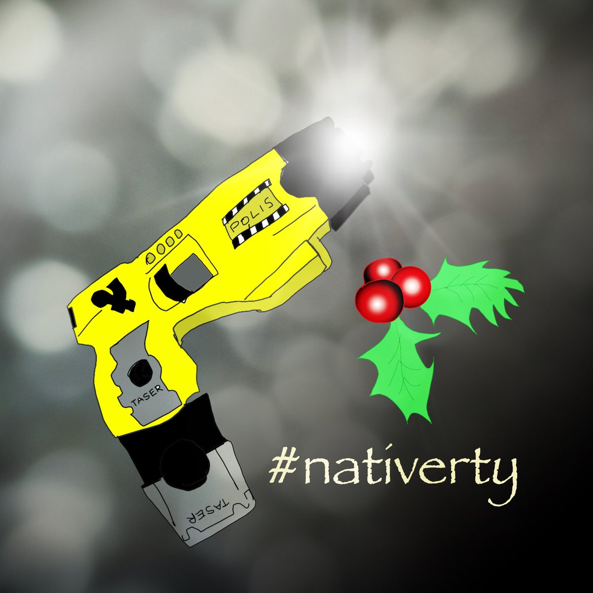 A taser gun beside a sprig of festive holly!