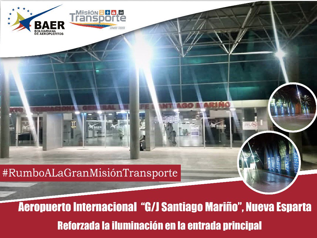 baer_ve's tweet photo. ✈️Rumbo a la Gran Misión @TransporteGobVe seguimos trabajando desde el @aeroporlamar. Como parte de los trabajos que se adelantan, se fortaleció la iluminación en la entrada principal #7maLíneaestratégica #GestiónBaer https://t.co/YepQPHWw62
