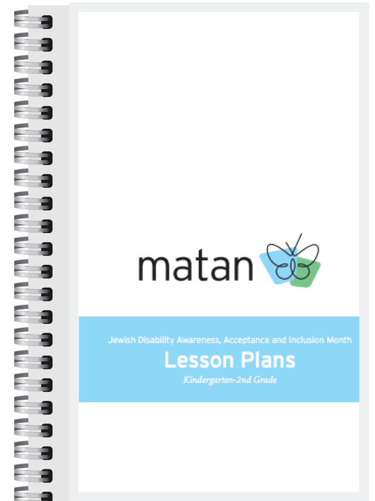 Notebook with text :Matan Jewish Disability Awareness, Acceptance and Inclusion Month Lesson Plans