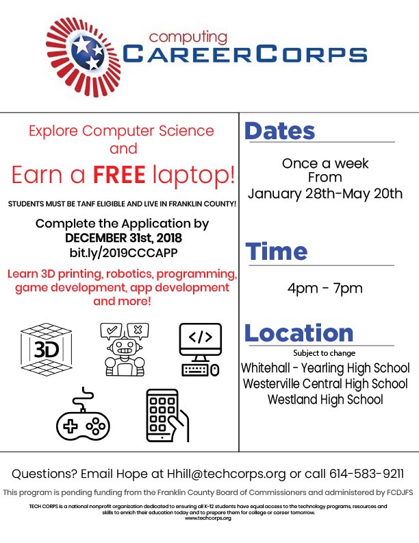 techcorpsus's tweet image. High school students, you still have 2 weeks left to sign up for #ComputingCareerCorps!! Get to learn about in-demand occupations in tech!! Apply today at bit.ly/2019CCCAPP