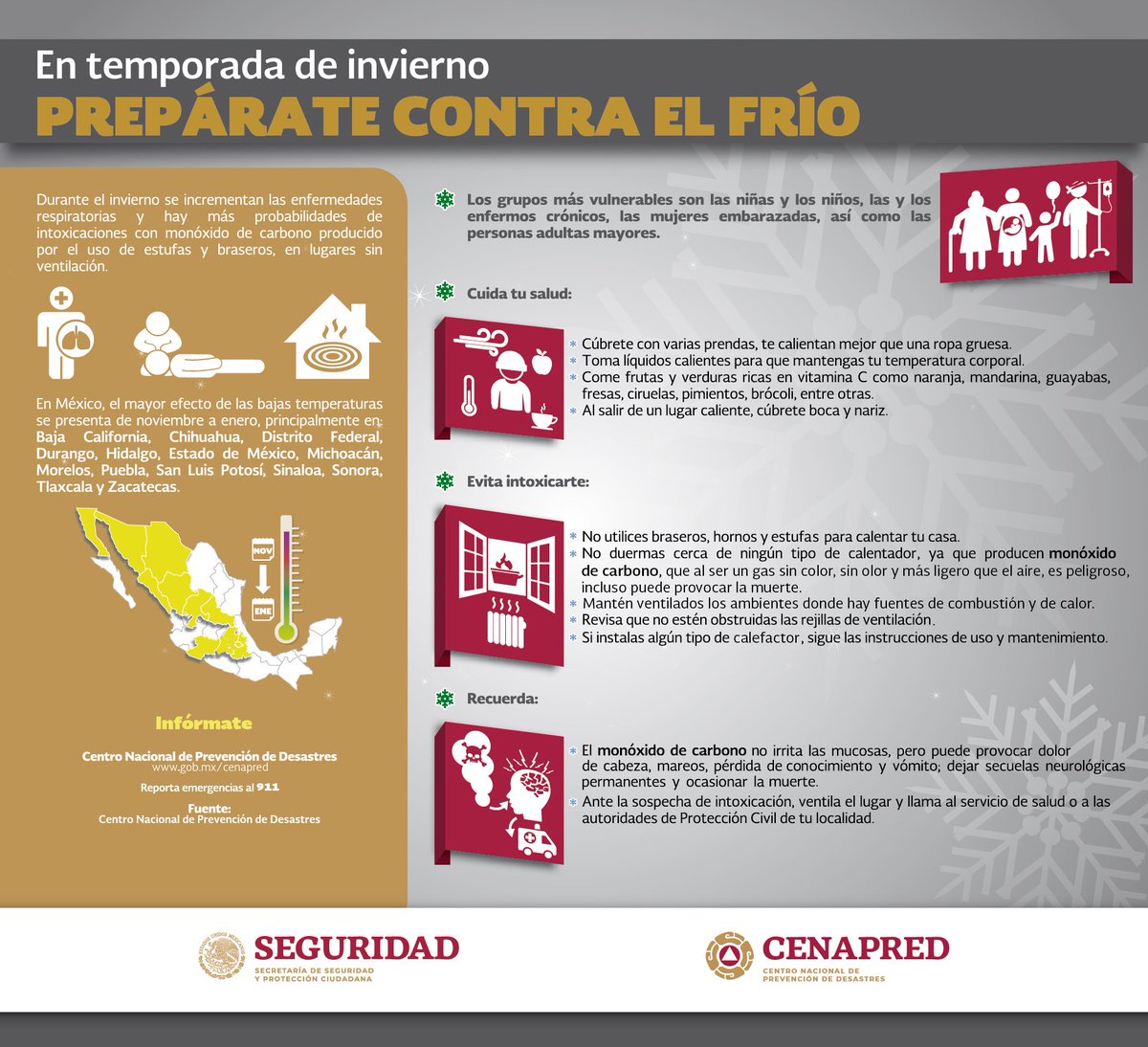 En temporada de invierno, abrigate bien y toma en cuenta las siguientes recomendaciones: ❄🌫
En Izcalli fomentamos la #CulturaDePrevencion porque #ProtecciónCivilSomosTodos #PrevenirEstaEnTi #PrevenirEsVivir.