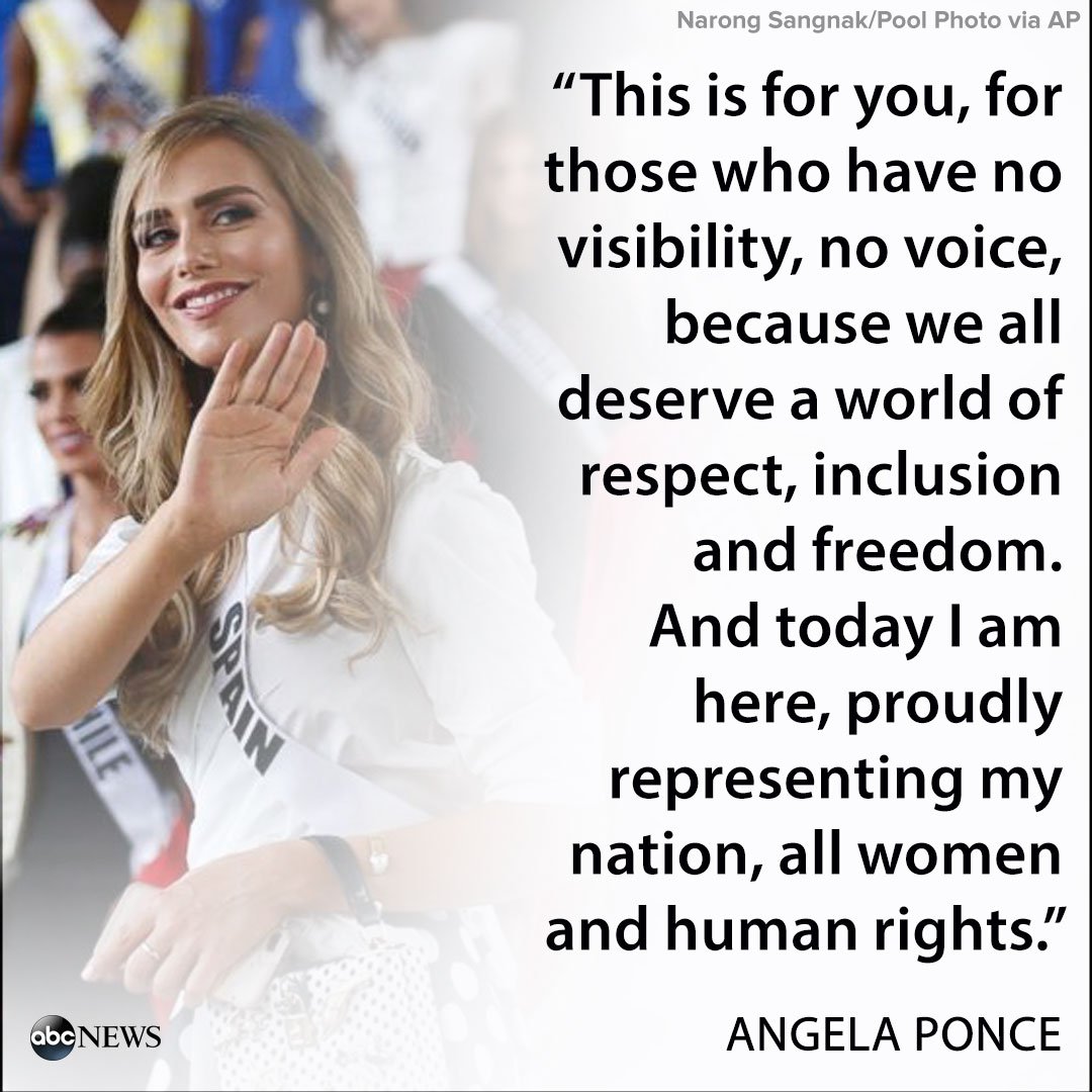 ABC's tweet photo. "Today I am here, proudly representing my nation, all women and human rights.”

Angela Ponce makes history as first transgender Miss Universe contestant. https://t.co/xlo3ImcdLd https://t.co/ABUl7QHIjQ