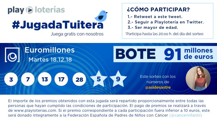 📢 ¡Atención, pelotón tuitero!  

¡Todos a sus puestos que tenemos nueva #JugadaTuitera con números de <a href="/asidesastre/">Ana Medina</a> para llevarnos los 9⃣1⃣ kilos de BOTE de #euromillones, a repartir entre quienes hagan RT y nos sigan!

*Seguimos jugando con <a href="/cancerinfantil/">Federación Española de Familias de Cáncer Infantil</a> ❤️