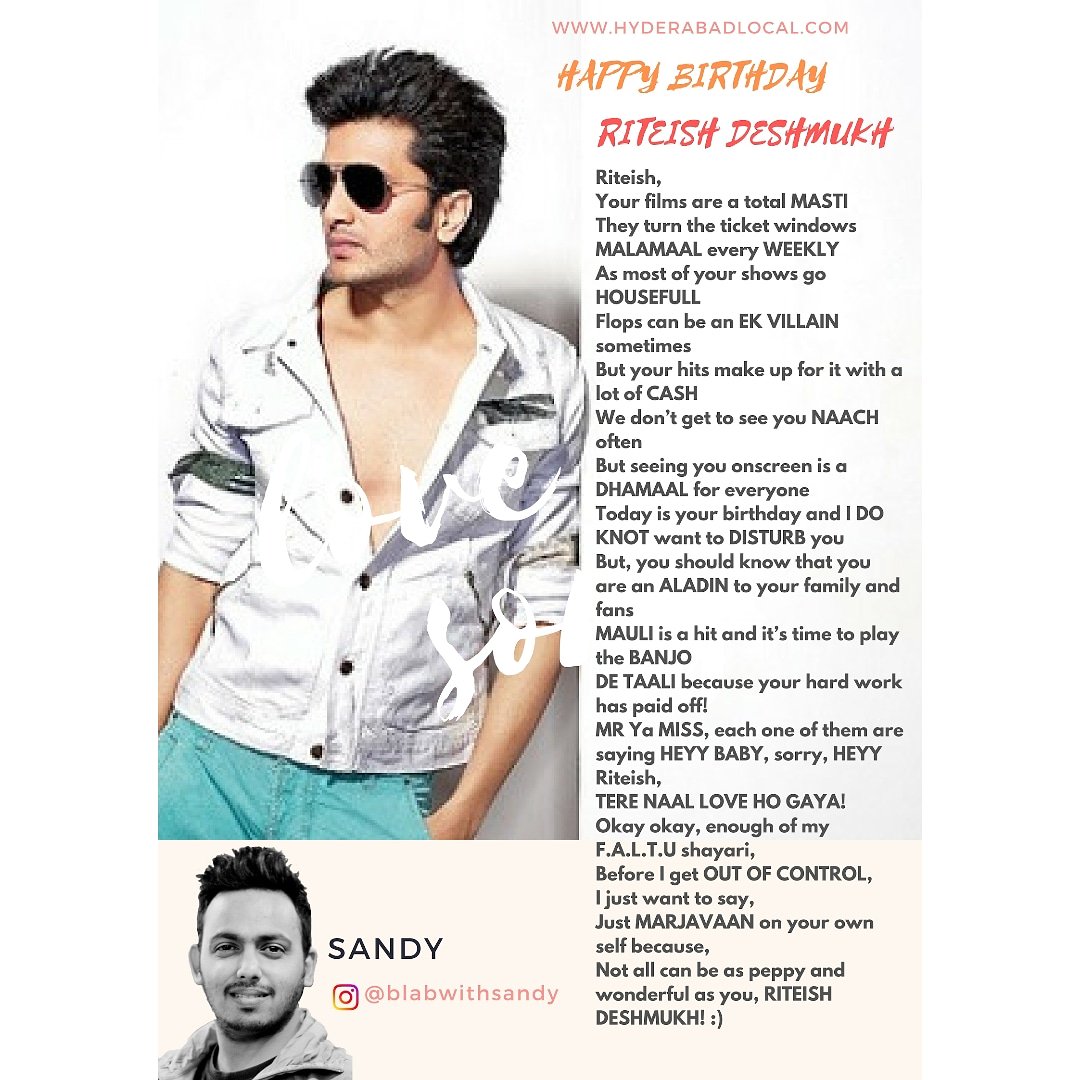 blabwithsandy's tweet photo. A birthday write-up for the witty @Riteishd 🙃 #HappyBirthdayRiteishDeshmukh #RiteishDeshmukh #Mauli #BlabWithSandy @geneliad @mfc #mumbaifilmcompany https://t.co/MDZ7tR3r0D