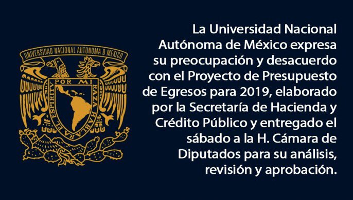 #BoletínUNAM En relación al Proyecto de Egresos para 2019, la UNAM expresa &gt; bit.ly/2QFdwMV
