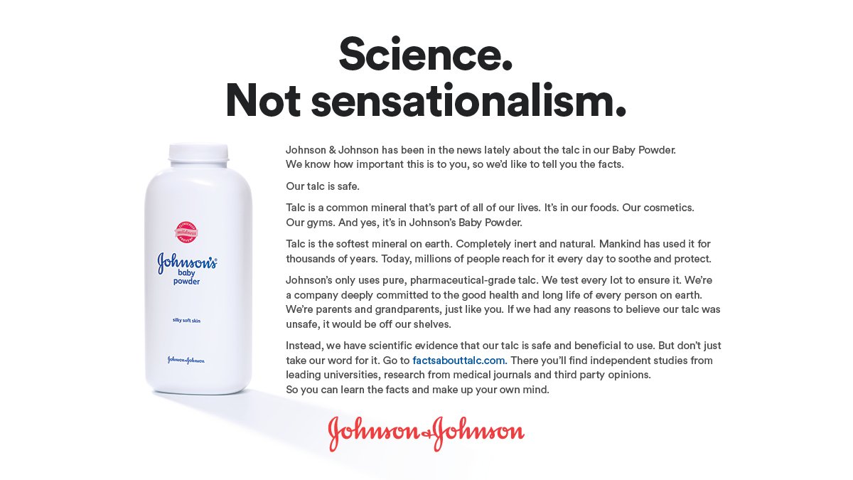 JNJNews's tweet photo. Our talc is safe. Don't take our word for it, see for yourself at https://t.co/FxX9e8mtmV to find independent studies from leading universities and research from medical journals. https://t.co/UmqFGXQewb