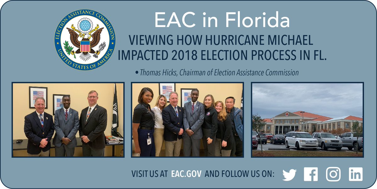 EACgov's tweet photo. Last week, @EACgov Chair Tom Hicks was in #Florida to visit w/ Mark Andersen Supervisor of Elections @BayVotes and Paul Lux Supervisor of Elections @OkaloosaCounty. Thanks for talking with us about how Hurricane Michael impacted the 2018 election process in Florida.
#Countdown18 https://t.co/Q8eRfCxMAL