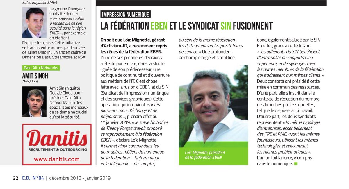 FederationEBEN's tweet photo. Ils en parlent : notre fusion avec le #Syndicat de l'#impressionnumérique et des services #graphiques, dans le numéro EDI paru ce lundi.  Merci @MagazineEDI @AntoineHarmel ! @ThierryForges #LoïcMignotte https://t.co/tf7wNiyLoZ