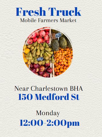 BHA_CCECR's tweet photo. TODAY! @FreshTruck is in Charlestown! Get your fresh fruits and veggies and earn $$ back when you use your #EBT card 🍎🍌🥦🥕
#HealthyBHA #HealthyBOS #BOSfoodAccess #Food4allBOS https://t.co/F3o6ej3IfJ