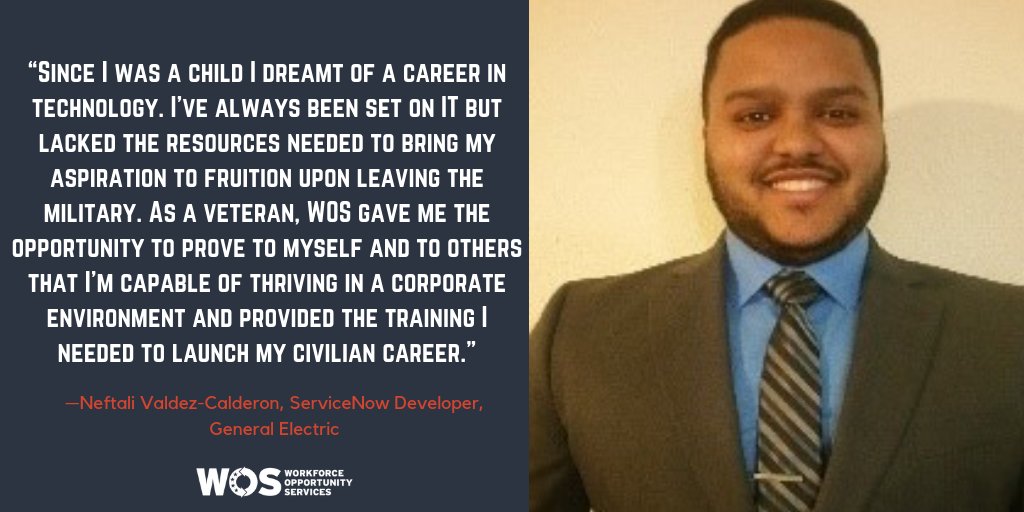 wforceorg's tweet photo. Neftali Valdez-Calderon struggled with his job search upon leaving the #military, but knew he was passionate about a job in IT. Once he discovered WOS, he received the training he needed to secure a role at @generalelectric. #WOSDifference https://t.co/pfg5VVM3bh
