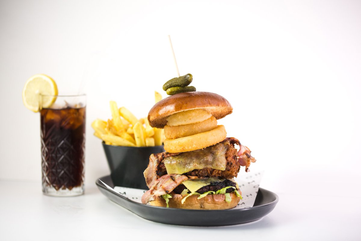 OHMsheffield's tweet photo. OH YES OH YES 
Have you seen or tried the OHM Stack Burger Yet?
Can you handle this greatness?

😍 😍  A 6oz Beef Patty, Crispy Bacon and Mature Cheddar Stacked with a Southern Fried Chicken Breast and topped with Onion Rings 😍 😍 https://t.co/tLiCGYdQmd