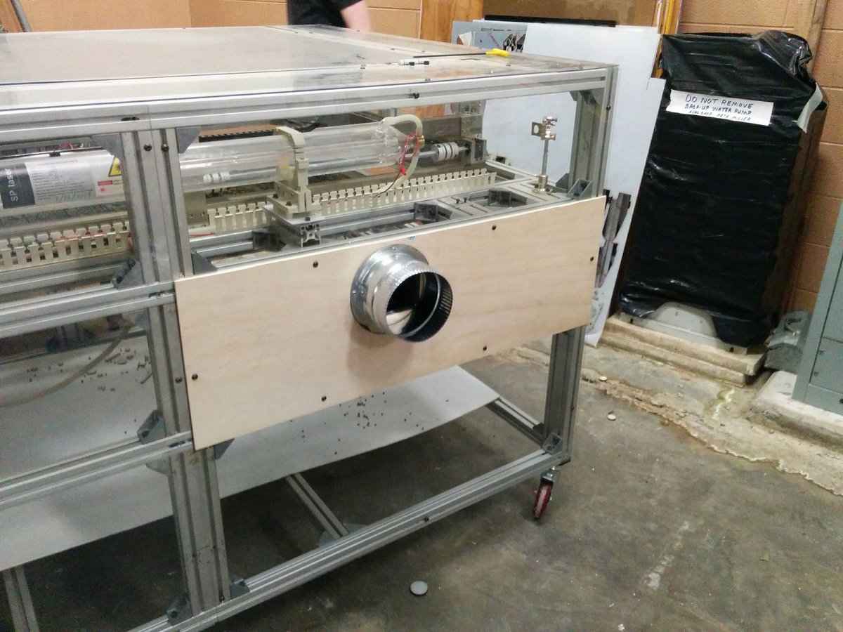 TripleHelix2363's tweet photo. Adding this vent fan to our 80-watt CNC laser cutter made it even cooler than it was before, but it was real exhausting work! https://t.co/ww3LZshItg