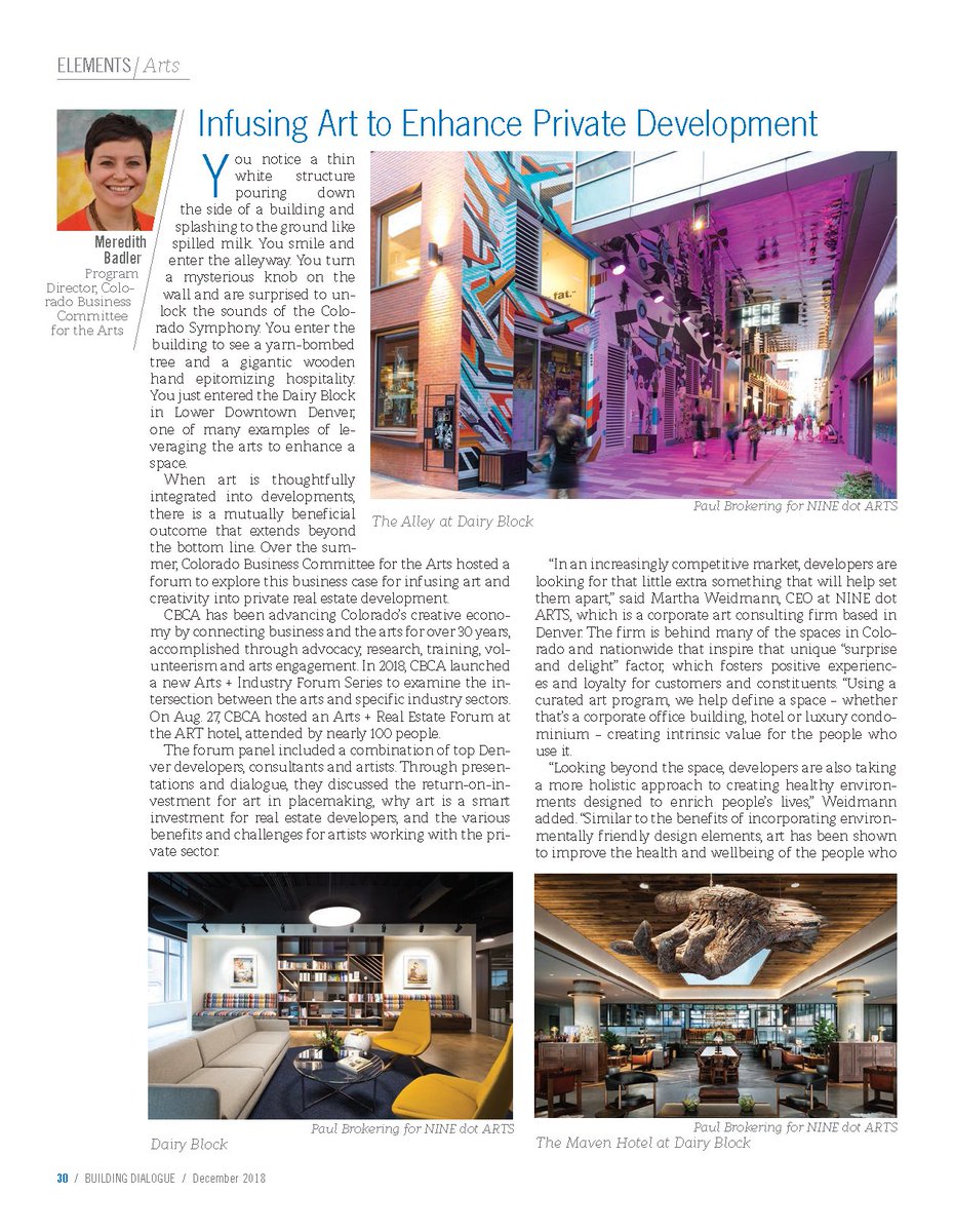 ninedotarts's tweet photo. We loved being a part of the @CBCA's recent article in @crej92's December issue of #BuildingDialogue. Look for some of our perspective on surprising and delighting visitors to Denver's top hotels and businesses in the next issue! https://t.co/DmEfJ2fPlh