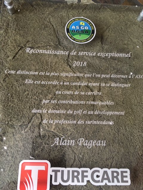 We are very proud of Alain Pageau who received an Outstanding Service Recognition Award from ASGQ/QGSA. This is awarded to someone who has distinguished himself by his remarkable contribution of golf irrigation service &amp; is reflected on Turf Care &amp; Toro Golf Irrigation. Congrats!