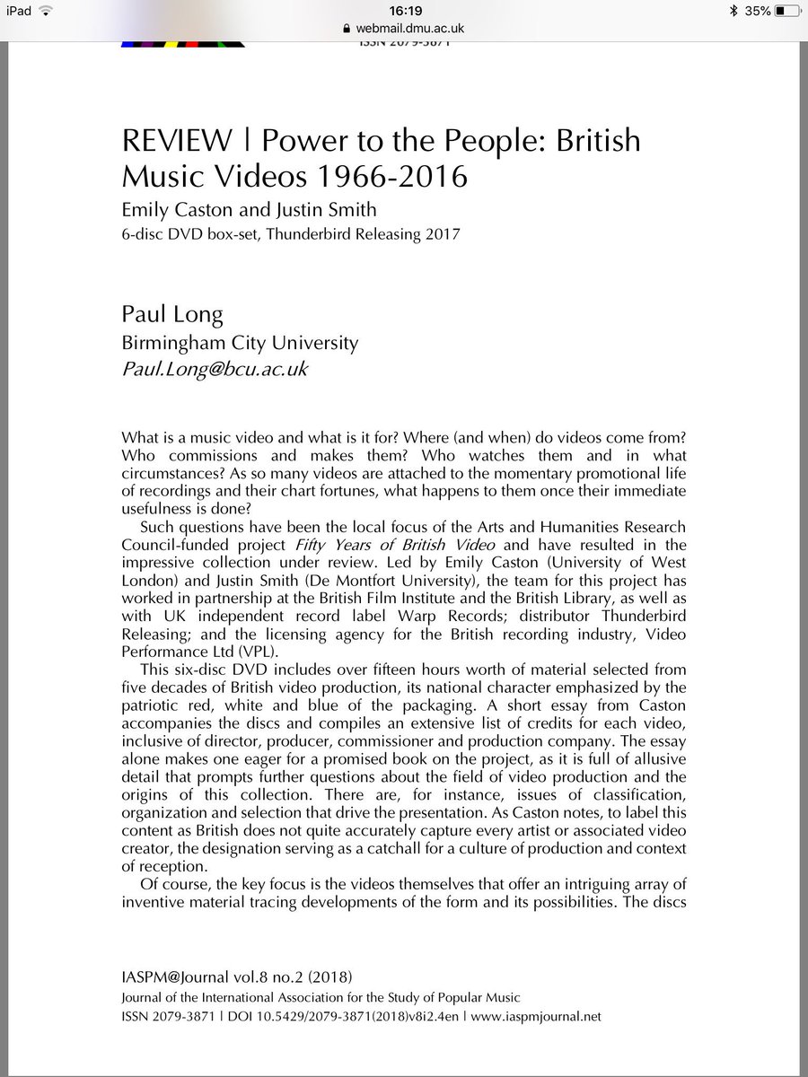 CATHResearchDMU's tweet photo. A glowing review in the journal of the International Association for the Study of Popular Music, for @justintherhymer s latest piece of work!
Congrats Justin!
#DMU #CEM #CATHI https://t.co/piIixpr1nG