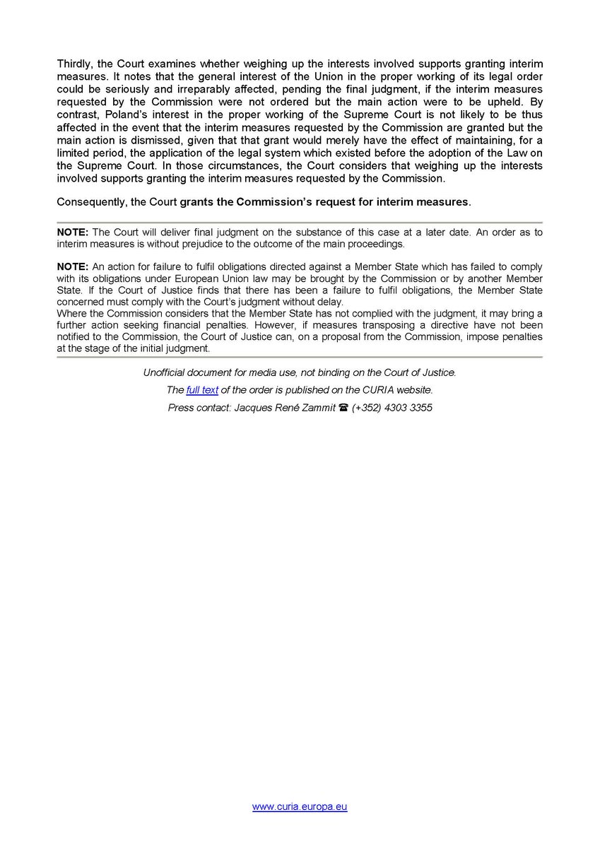 #RuleOfLaw : #Poland must immediately suspend the application of the provisions of national legislation relating to the lowering of the retirement age for Supreme Court judges