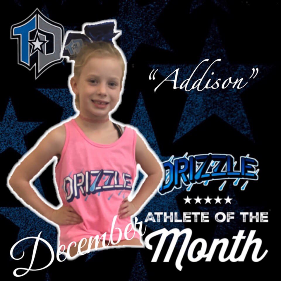 Meet our December athlete of the month....ADDISON! Little miss Addi has come soooo far with her tumbling, flying, and performance skills! You can often find her encouraging her team mates and becoming quite the leader backstage before competitions! We’re so proud of her! 💗💦