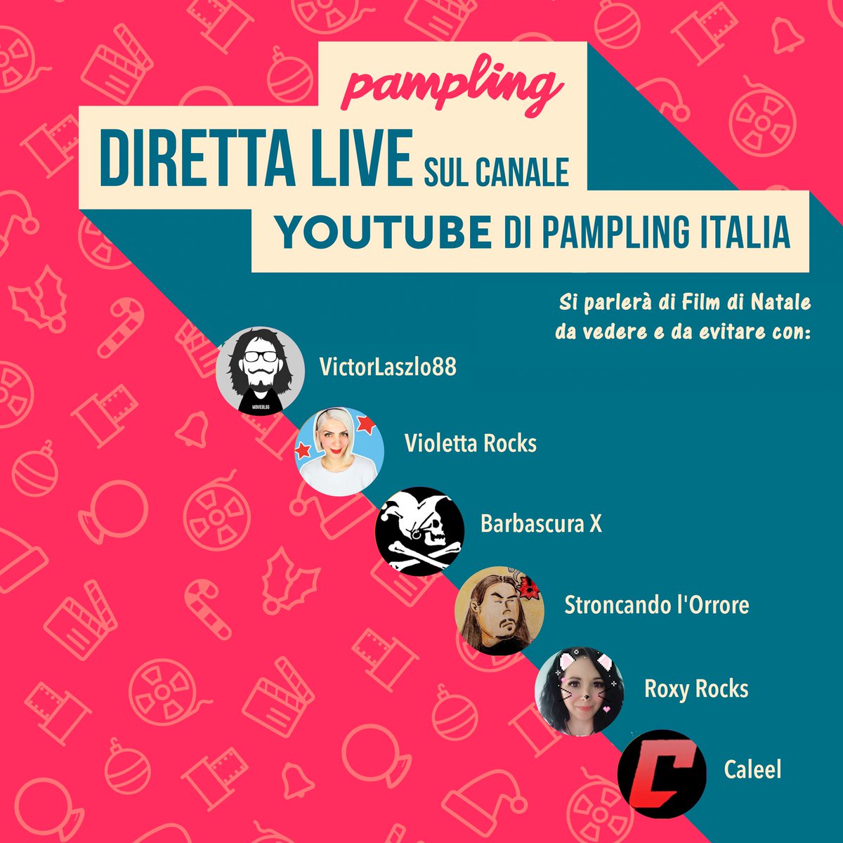 pampling_italia's tweet photo. 🎄🎁 LIVE DI NATALE DA NON PERDERE! 🎅

Giovedì 20/12 ore 18:00 diretta sul canale Youtube di Pampling accompagnati da @Vi0lettaRocks, #Caleel, @victorlaszlo88, @BarbascuraX, @Roxyrockstv e @Screammaker1 per parlare di Film di Natale!

👉 https://t.co/EDyyBD7KmI https://t.co/n2ZtokRhjj
