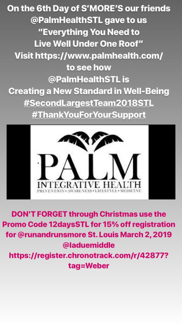 RunandRunSmore's tweet photo. On the 6th Day of S’MORE’S our friends @PalmHealthSTL gave to us “Everything You Need to Live Well Under One Roof” Visit https://t.co/aNQiCt54mC to see how @PalmHealthSTL is Creating a New Standard in Well-Being #SecondLargestTeam2018STL #ThankYouForYourSupport @22Bands https://t.co/GN9HwJKcAa