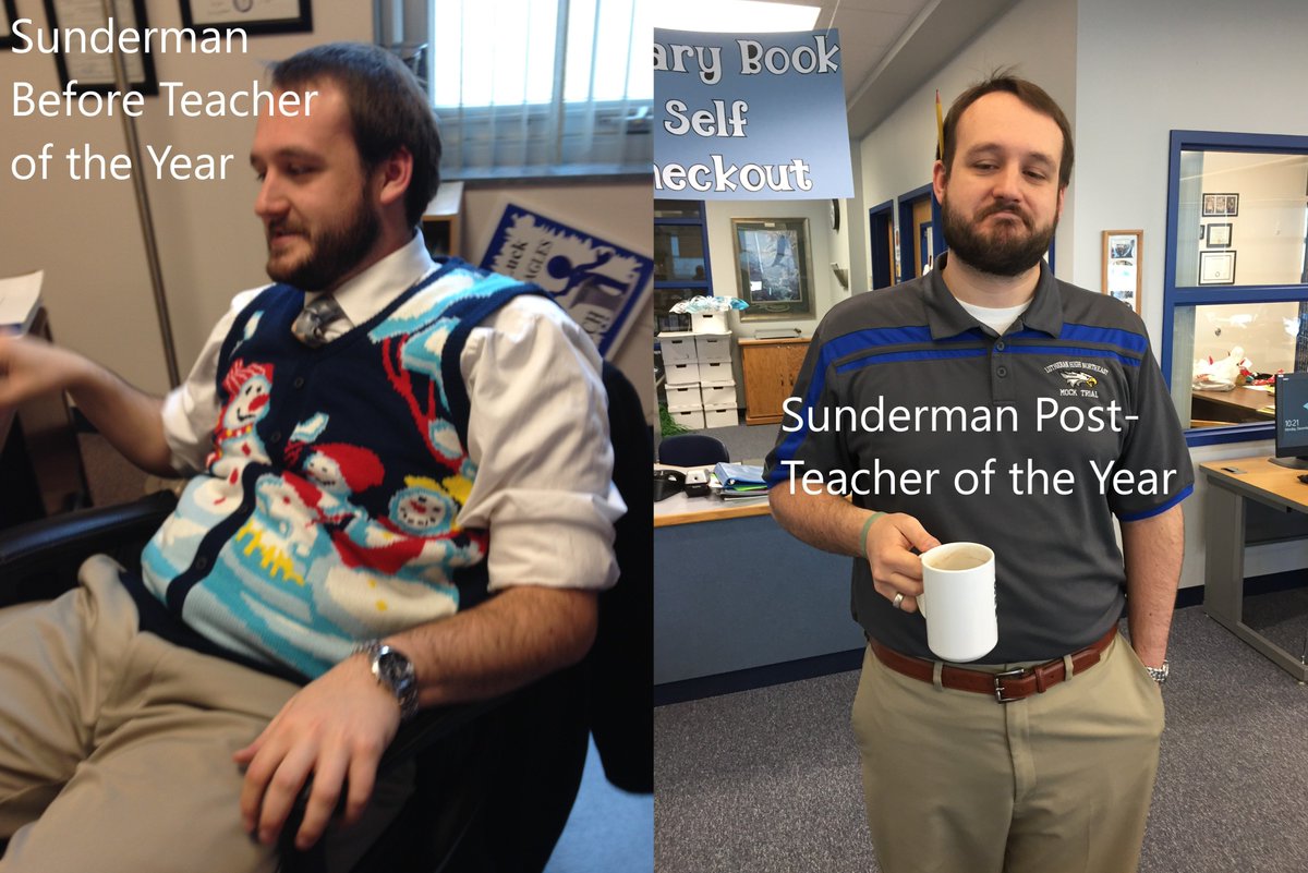 PseudoSunderman's tweet photo. Apparently being honored as the #NDLCMS Teacher of the Year entitles one to not wear an ugly sweater with the other #plebians. https://t.co/rjLwoh39FW
