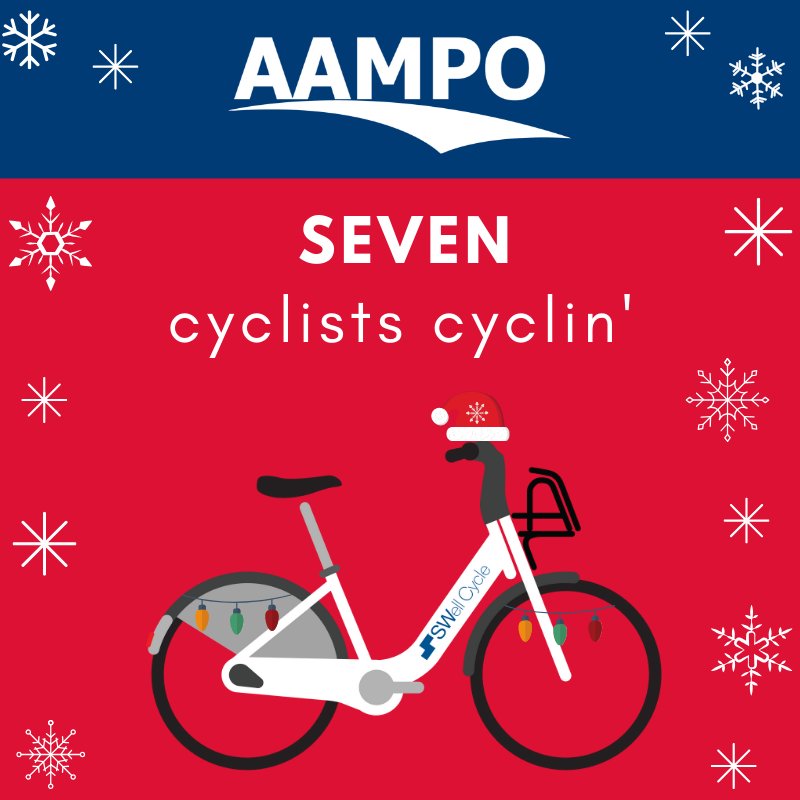 AlamoAreaMPO's tweet photo. 🎶On the 7th day of transportation, Texas gave to me... 7 cyclists cyclin'!

This season, light up your bike like a Christmas tree! 🎄

⚠️ 90% of cyclists are visible at night while wearing a vest &amp; reflectors vs. 2% of cyclists wearing only black. ⚠️

#12DaysOfTransportation 🚲 https://t.co/qa6l6joguA
