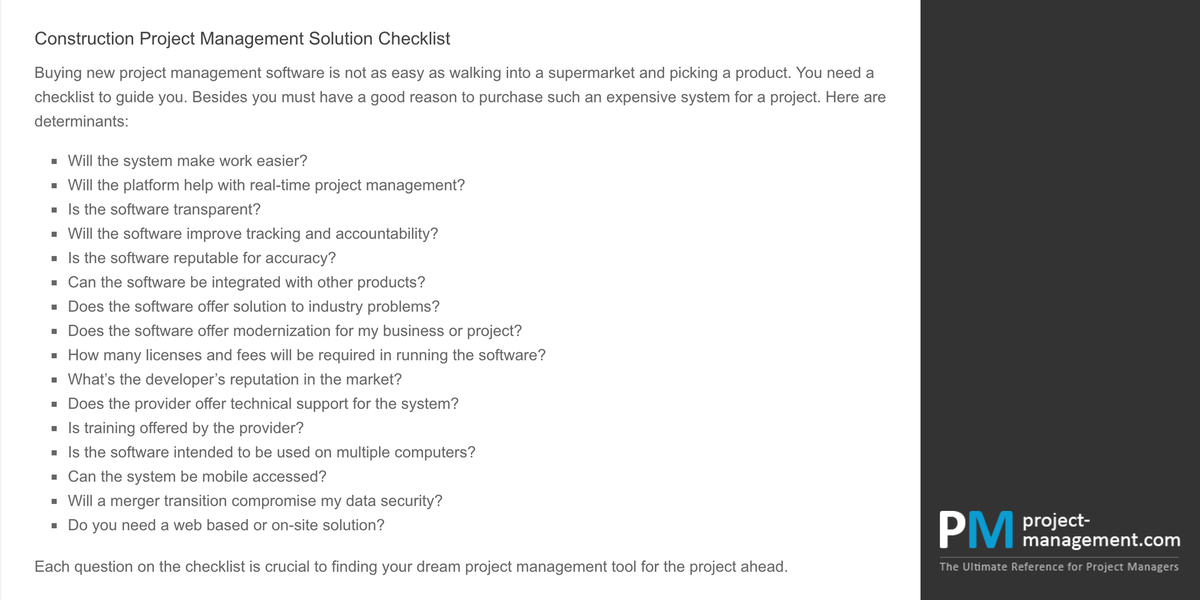knowify's tweet photo. Great checklist from @PMArticles! These are questions every business owner should be considering when deciding what software to subscribe to. We will be addressing these questions each day in the next few weeks to help you decide if Knowify is right for you in 2019. #PMChecklist https://t.co/F3oc940s2o