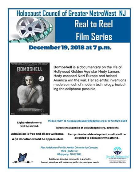 HolocaustGrMW's tweet photo. Join us on Wednesday, December 19 at 7:00 PM at @jfedgmw in #NJ for our screening of "#Bombshell: The #HedyLamarr Story." #BombshellDoc @BombshellDoc @alexhaggiagdean @KATHhattan https://t.co/Hsu23vqYZ3